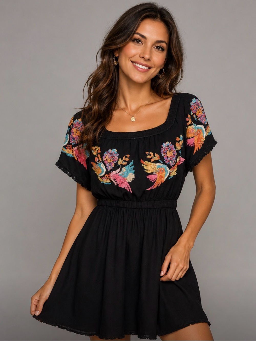 Judith March Black Mini Dress with Multicolor Embroidery